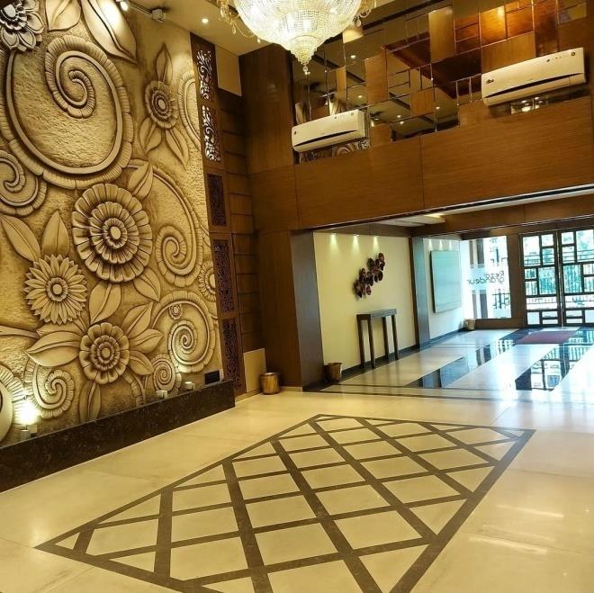 Tower entrance with patterned wall and flooring